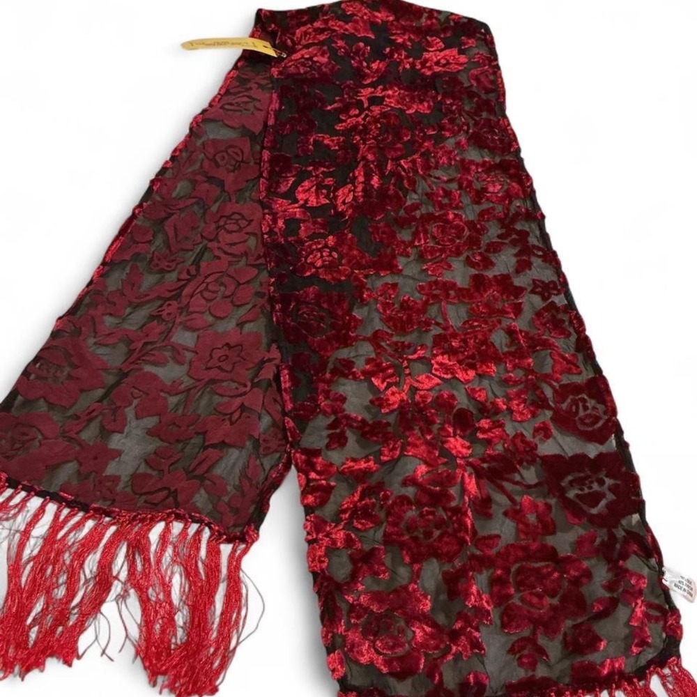 Unbranded Burnout Velvet Scarf Womens OS Red Black Silk Blend Floral Fringe